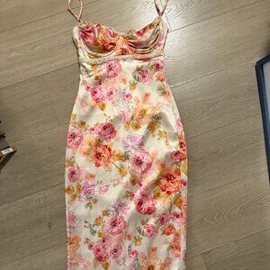 House of CB Josefina Floral Bustier Bodice Stretch Satin Body-Con Dress